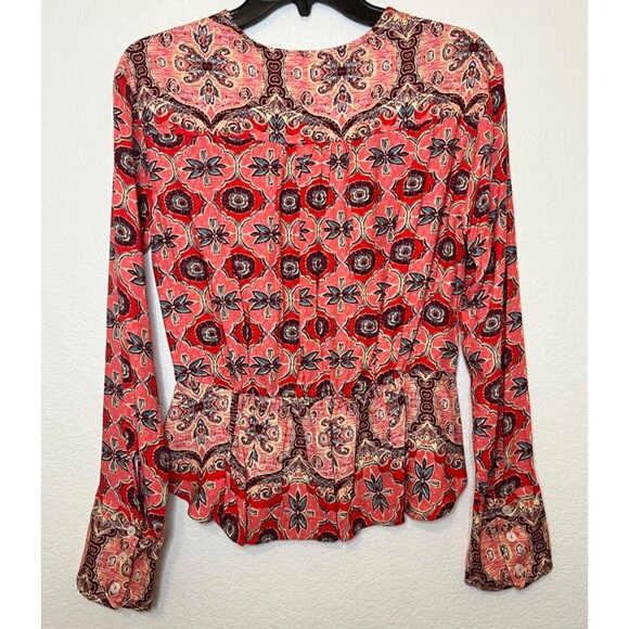FREE PEOPLE Pink Red Hibiscus Combo Floral Paisley Peplum Top/Blouse Boho XS - Picture 2 of 12